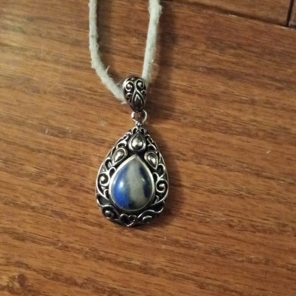 Scroll Work Silver Tone Sodalite Pendant Necklace